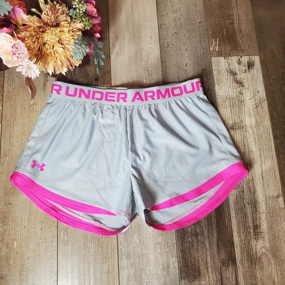 Under Armour Girls Gray and Pink Shorts Size Youth Large 14-16 Loose Fit NWOT - Picture 1 of 14